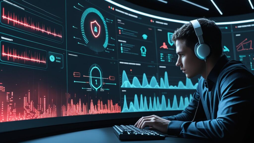 Cybersecurity analyst reviewing threat alerts and firewall activity on a digital dashboard in a security operations center.