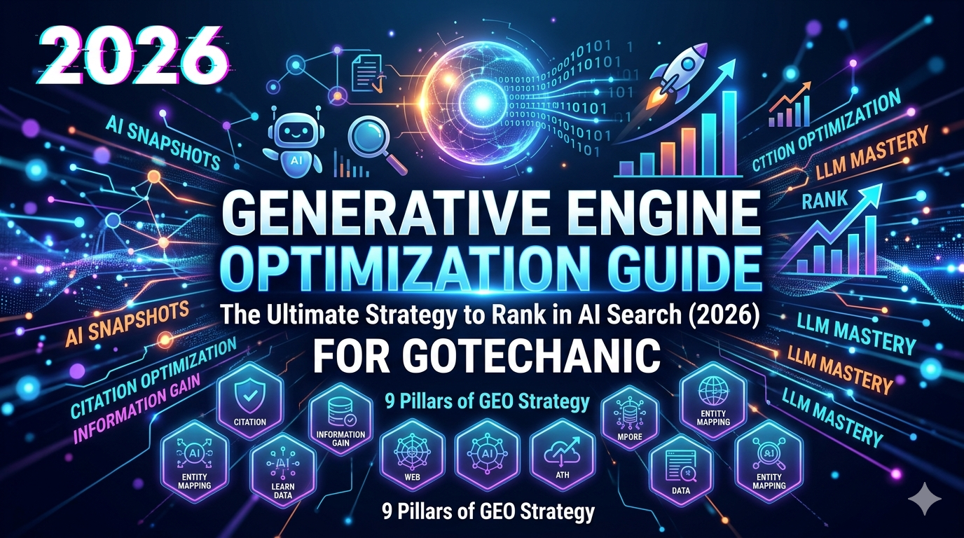 Generative Engine Optimization Guide (2026) for Gotechanic showing 9 pillars of GEO strategy and AI snapshots.