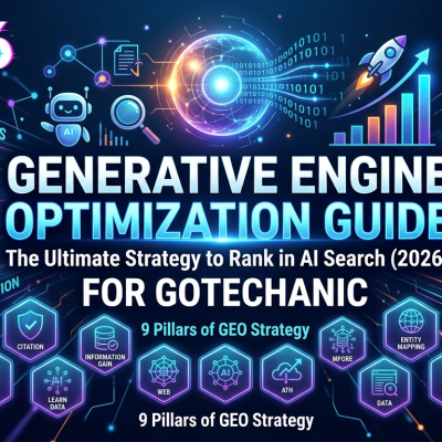 Generative Engine Optimization Guide (2026) for Gotechanic showing 9 pillars of GEO strategy and AI snapshots.